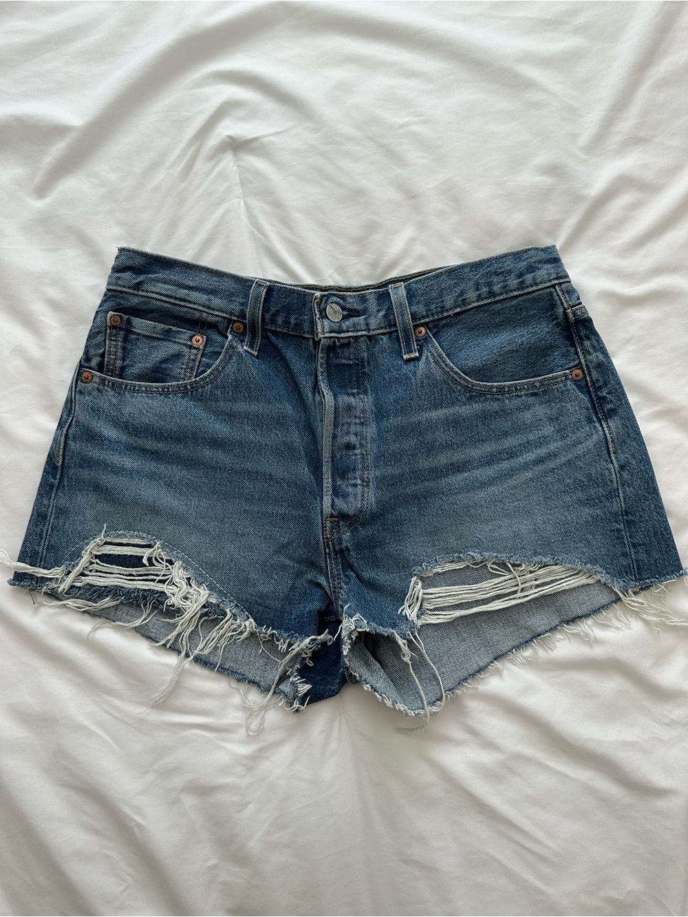 Levi's 501 Distressed Dark Blue Denim Cutoff Shorts